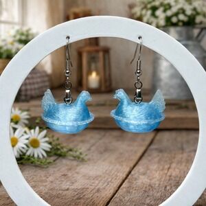 Hen on Nest HON Chicken Earrings Farmhouse Hypoallergenic Translucent Blue